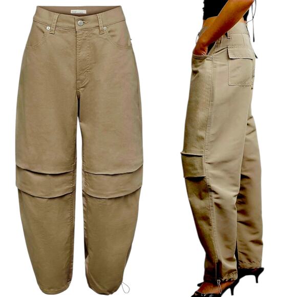 Oak + Fort Double Face Cargo Pant 8 Women Beige 31x29 Cinch Hem Streetwear Baggy - Picture 2 of 12